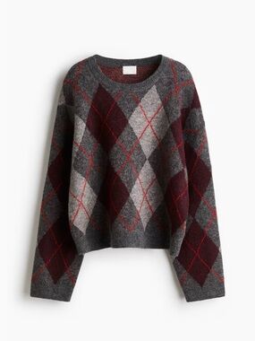 H&M Gray and Burgundy Argyle Crew Sweater